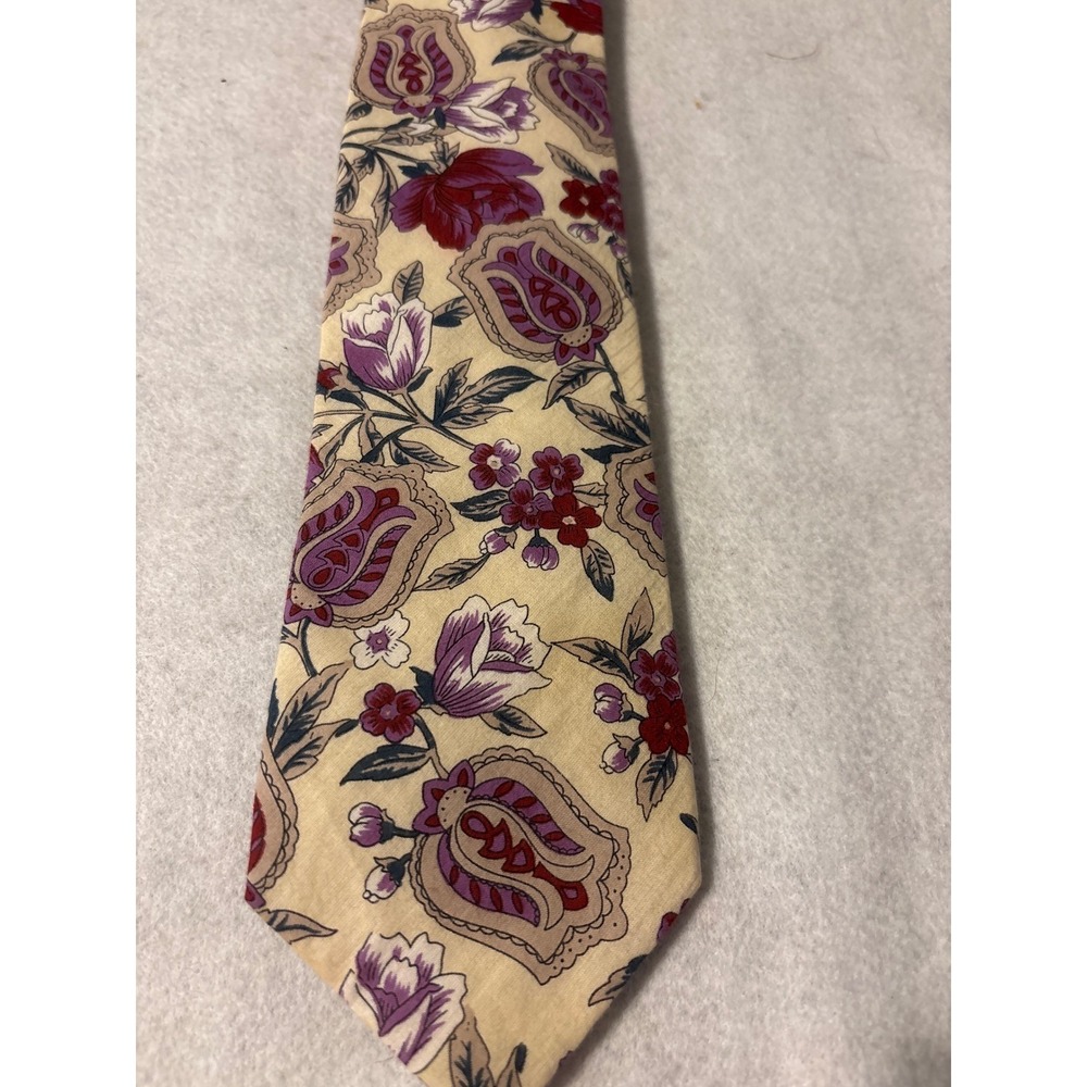 Lands End Floral Necktie Mens OS Tan‎ Purple Excellent 100% Cotton USA Hand Sewn